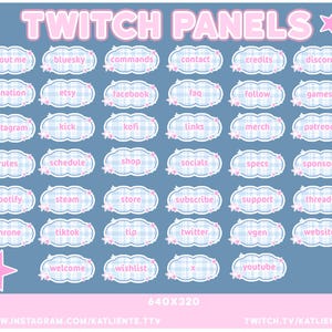 40x Cute Y2K Baby Blue Gingham Checkered Star Twitch Panels - Aesthetic, Geometric, Pastel