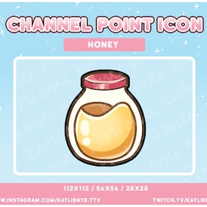 May include: A cartoon illustration of a honey jar with a pink lid and a yellow liquid inside. The jar is surrounded by a white border and the text "HONEY" is above it. The text "CHANNEL POINT ICON" is at the top of the image and the text "112X112 / 56X56 / 28X28" is at the bottom of the image.