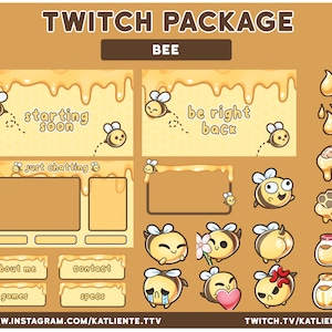 Kawaii Bee Twitch Overlays Full Package - 4 Scenes, 1 Overlays, 1 Webcam, 7 Emotes, 6 Sub Badges, 24 Panels