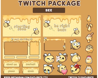 Kawaii Bee Twitch Overlays Full Package - 4 Scenes, 1 Overlays, 1 Webcam, 7 Emotes, 6 Sub Badges, 24 Panels