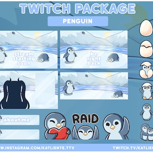 VTUBER Kawaii Penguin Twitch Full Package - 4 Scenes, 2 Overlays, 1 Webcam, 7 Emotes, 6 Sub Badges, 34 Panels, Twitch Banner