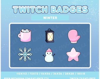 May include: Six winter-themed Twitch badges, including a pink mug with marshmallows, a lantern, a pink mitten, a snowflake, a snowman, and a pink star. The badges are arranged in a grid on a blue background with white snowflakes. The text "TWITCH BADGES" and "WINTER" is at the top of the image. The text "112X112 / 72X72 / 56X56 / 36X36 / 28X28 / 18X18" is at the bottom of the image.