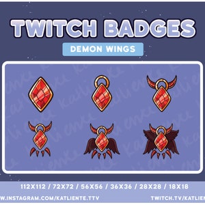 Könnte beinhalten: Sechs verschiedene Twitch-Badges mit einem roten Diamanten mit goldenen Akzenten und Dämonenflügeln. Die Badges sind in verschiedenen Größen, darunter 112x112, 72x72, 56x56, 36x36, 28x28 und 18x18 Pixel. Der Text "TWITCH BADGES" und "DEMON WINGS" befindet sich oben im Bild. Der Text "WWW.INSTAGRAM.COM/KATLIENTE.TTV" und "TWITCH.TV/KATLIENTE" befindet sich unten im Bild.