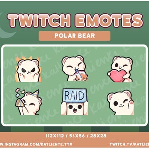 Könnte beinhalten: Eine Sammlung von Twitch-Emotes mit einem Eisbären in verschiedenen Posen. Die Emotes zeigen einen Bären mit Flammen, der ein Getränk trinkt, ein Herz hält, eine Partyhütchen trägt, ein "RAID"-Schild hält und winkt. Der Text "TWITCH EMOTES" und "POLAR BEAR" sind zu sehen.