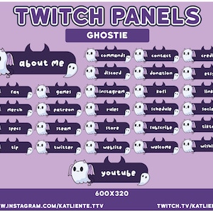 May include: A set of 25 Twitch panels featuring a cartoon ghost with purple wings and horns. The panels are labeled with various Twitch categories, such as "about me", "commands", "contact", "credits", "discord", "donation", "etsy", "faq", "games", "instagram", "kofi", "links", "merch", "patreon", "rules", "schedule", "socials", "specs", "steam", "store", "subscribe", "tiktok", "tip", "twitter", "website", "welcome", "wishlist", and "youtube".