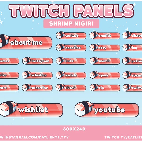 Kawaii Coral Shrimp Sushi Nigiri Japanese Food Panels for Twitch