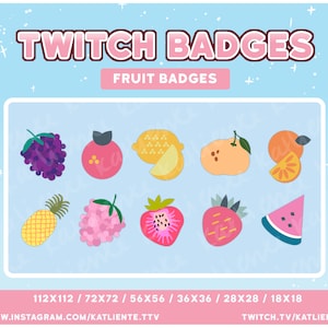 Kawaii Fruit Sub/Bit Badges for Twitch - Pomegranate, Raspberry, Grape, Lemon, Orange, Strawberry, Watermelon