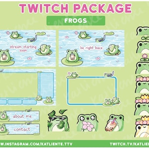 Kawaii Frog Twitch Overlays Full Package - 4 Scenes, 2 Overlays, 1 Webcam, 6 Emotes, 6 Sub Badges, 24 Panels