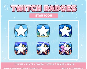 Op de afbeelding: Zes verschillende Twitch-badges met een witte ster op verschillende achtergronden. De achtergronden omvatten een blauw vierkant, een blauw vierkant met zeewier, een blauw vierkant met een vis, een blauw vierkant met koraal, een blauw vierkant met koraal en een vis, en een blauw vierkant met koraal en een kwal. De tekst "TWITCH BADGES" en "STAR ICON" bevindt zich bovenaan de afbeelding. De tekst "112X112 / 72X72 / 56X56 / 36X36 / 28X28 / 18X18" bevindt zich onderaan de afbeelding.