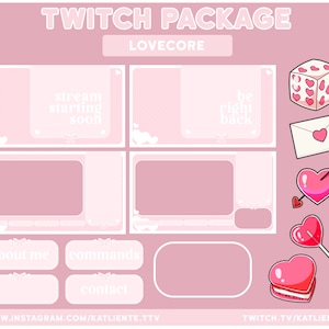 FULL PACKAGE Animated Lofi Pink Love Core Valentines Twitch Overlays and Scenes CUSTOMIZABLE - 8 Badges, 28 Panels, 4 Scenes, 2 Overlays