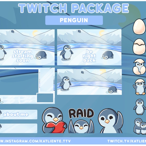 Penguin Bird Ice Arctic Twitch Full Package - 4 Scenes, 2 Overlays, 1 Webcam, 7 Emotes, 6 Sub Badges, 34 Panels, Twitch Banner | Katliente