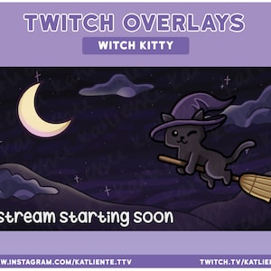 Cute Witch Cat Animated Twitch Overlays and Scenes - Stream Starting, Be Right Back, Stream Ending, Just Chatting, Offline