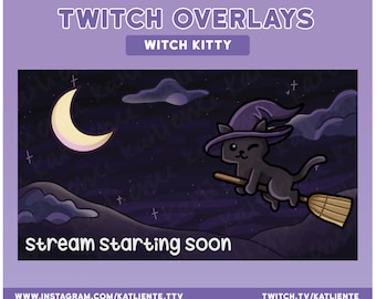 Cute Witch Cat Animated Twitch Overlays and Scenes - Stream Starting, Be Right Back, Stream Ending, Just Chatting, Offline