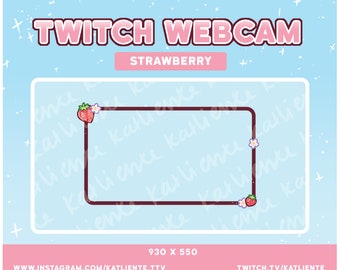 May include: A light blue background with a white border and a brown frame with a strawberry and white flower design. The text "TWITCH WEBCAM" is in pink letters with a white outline. The text "STRAWBERRY" is in pink letters with a white outline. The text "930 X 550" is in black letters with a white outline. The text "WWW.INSTAGRAM.COM/KATLIENTE.TTV" is in black letters with a white outline. The text "TWITCH.TV/KATLIENTE" is in black letters with a white outline.