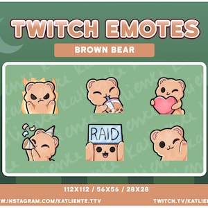 May include: Set of six brown bear Twitch emotes. The emotes show a bear with different expressions, including angry, drinking boba tea, holding a heart, wearing a party hat, holding a sign that says "RAID", and waving. The emotes are designed in a cartoon style and are perfect for use on Twitch.