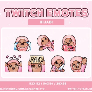 Cute Chibi Hijabi Girl Emote Pack, Pink Hijab, Pink Shirt, Brown Eyes, Medium Skintone for Streaming - Twitch, Discord, YouTube