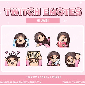 Cute Chibi Hijabi Girl Emote Pack, Hijab noir, chemise rose, yeux marrons, teint clair pour le streaming - Twitch, Discord, YouTube