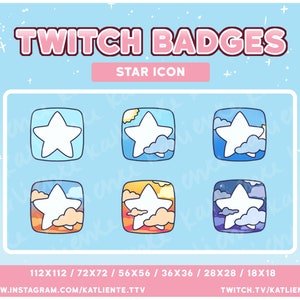 May include: Six different Twitch badges featuring a white star with a blue, light blue, orange, red, purple, and dark blue background. The badges are in different sizes, ranging from 18x18 to 112x112 pixels. The text "TWITCH BADGES" and "STAR ICON" is at the top of the image. The text "WWW.INSTAGRAM.COM/KATLIENTE.TTV" and "TWITCH.TV/KATLIENTE" is at the bottom of the image.