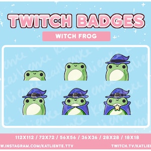 May include: Set of six Twitch badges featuring a green frog wearing a purple witch hat. The badges are in different sizes, ranging from 18x18 pixels to 112x112 pixels. The text "TWITCH BADGES" and "WITCH FROG" is displayed at the top of the image. The text "WWW.INSTAGRAM.COM/KATLIENTE.TTV" and "TWITCH.TV/KATLIENTE" is displayed at the bottom of the image.