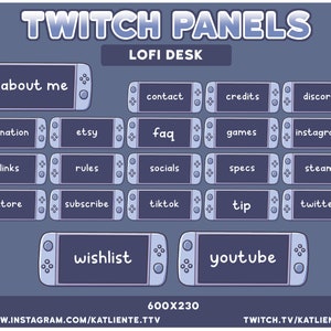 May include: A set of 18 purple and white Twitch panels with rounded corners and a Nintendo Switch-like design. The panels feature text such as "about me", "donation", "links", "store", "wishlist", "youtube", "contact", "credits", "discord", "etsy", "faq", "games", "instagram", "rules", "socials", "specs", "steam", "subscribe", "tiktok", "tip", "twitter". The text "LOFI DESK" and "600X230" are also visible.