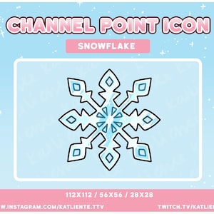 Puede incluir: Un icono de copo de nieve azul con un contorno blanco. El icono está en un marco cuadrado con un fondo azul claro. El texto "CHANNEL POINT ICON" está encima del icono en letras rosas. El texto "SNOWFLAKE" está debajo del icono en letras rosas. El texto "112X112 / 56X56 / 28X28" está debajo del marco en letras rosas. El texto "WWW.INSTAGRAM.COM/KATLIENTE.TTV" está debajo del texto "112X112 / 56X56 / 28X28" en letras negras. El texto "TWITCH.TV/KATLIENTE" está a la derecha del texto "112X112 / 56X56 / 28X28" en letras negras.