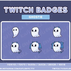 Op de afbeelding: Zes verschillende Twitch-badges met een cartoon-spook met verschillende uitdrukkingen en accessoires. De badges zijn in verschillende maten, waaronder 112x112, 72x72, 56x56, 36x36, 28x28 en 18x18 pixels. De tekst "GHOSTIE" wordt boven de badges weergegeven.
