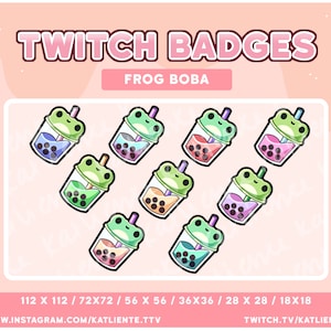 May include: Eight different sized Twitch badges featuring a cartoon frog holding a cup of boba tea. The badges are in various colors, including pink, blue, green, yellow, and orange. The text "TWITCH BADGES" and "FROG BOBA" are at the top of the image. The text "112 X 112 / 72X72 / 56 X 56 / 36X36 / 28 X 28 / 18X18" is at the bottom of the image.