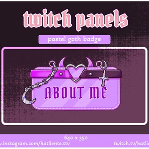 Op de afbeelding: Paarse en zwarte Twitch-paneel met een roze en wit hart, een zilveren ketting en een zilveren kruis. Het paneel zegt "About Me" in een gotisch lettertype.
