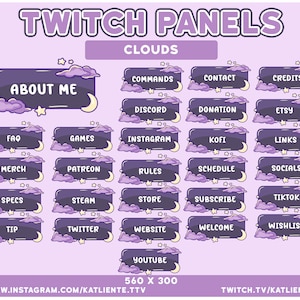 28x DARK PURPLE Cute Kawaii Space Celestial Stars Moon and Clouds Twitch Panels - Aesthetic, Retro, Indie