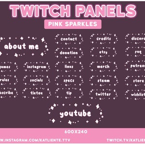 Op de afbeelding: Roze en witte Twitch-panelen met een donkerpaarse achtergrond. De panelen bevatten tekst zoals "about me", "contact" en "discord". Elk paneel heeft een sprankelende rand.