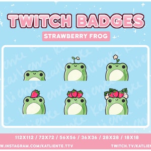 May include: A set of six Twitch badges featuring a green frog with different accessories. The frog is wearing a flower crown, a strawberry crown, and a single strawberry. The badges are available in six different sizes: 112x112, 72x72, 56x56, 36x36, 28x28, and 18x18. The text "TWITCH BADGES" and "STRAWBERRY FROG" is displayed at the top of the image. The text "WWW.INSTAGRAM.COM/KATLIENTE.TTV" and "TWITCH.TV/KATLIENTE" is displayed at the bottom of the image.
