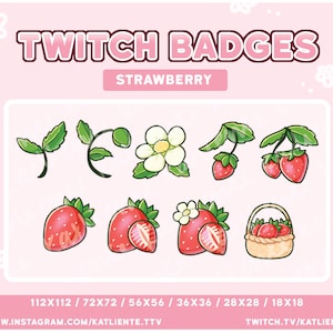 Kawaii Strawberry Fruit Flower Basket Sub/Bit Badges for Twitch