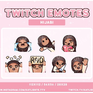 Cute Chibi Hijabi Girl Emote Pack, Hijab noir, chemise beige blanche, yeux marrons, teint moyen pour le streaming - Twitch, Discord, YouTube