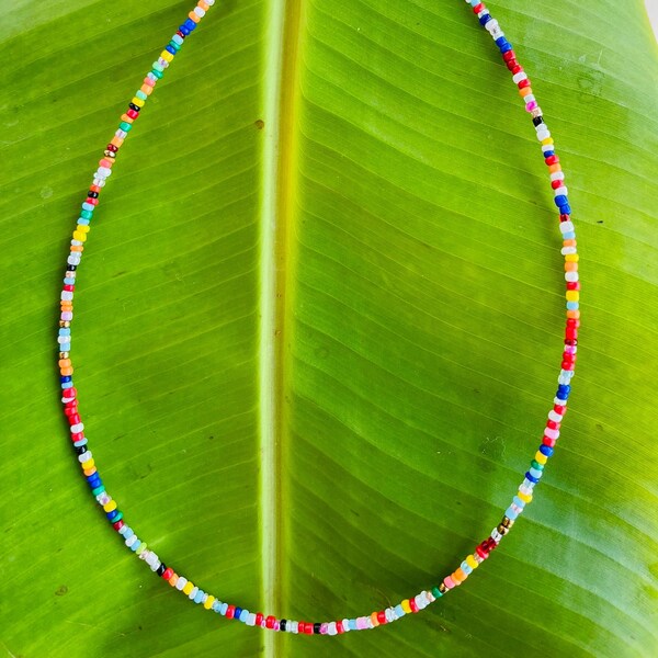 Colorful Seed Bead Simple Necklace, Rainbow bead choker, Mini Beaded necklace, Casual bead necklace, Weaving seed bead necklace