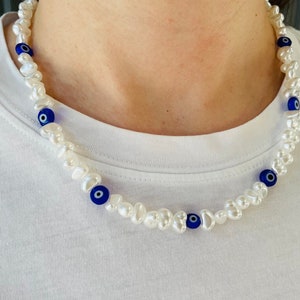 Evil Eye Pearl Beaded Necklace, Evil Eye Baroque Pearl Beaded Choker, Y2k Necklace, Blue evil eye beaded protection necklace, Gift For Her