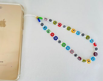 Colorful Evil Eye Phone Chain, Beaded Y2K 90s Phone Charm Strap, Customizable Phone Charm, Rainbow Phone Strap, Cell Phone Accessories