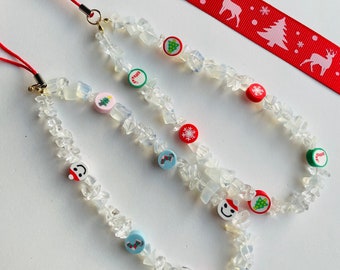 Christmas Phone Charm, Christmas Gift Idea Opalite Gemstone Crystal Beaded Phone Strap, Y2K Phone Chain, Phone Lanyard, Phone Case Accessory