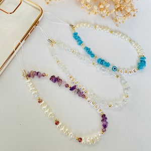 Healing Crystals Gemstone Beads Phone Charm Strap, Opalite, Amethyst, Turquiose Beaded Phone Chain, Pearl Y2K 90S Phone Accessories Jewelry