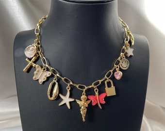 Gold Plated Charm Necklace, Paperclip Chain, Personalized Jewelry