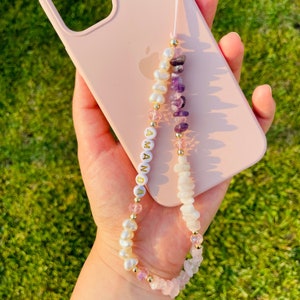 Personalisierte Kristall Perlen Handy Armband: Amethyst, Rosenquarz