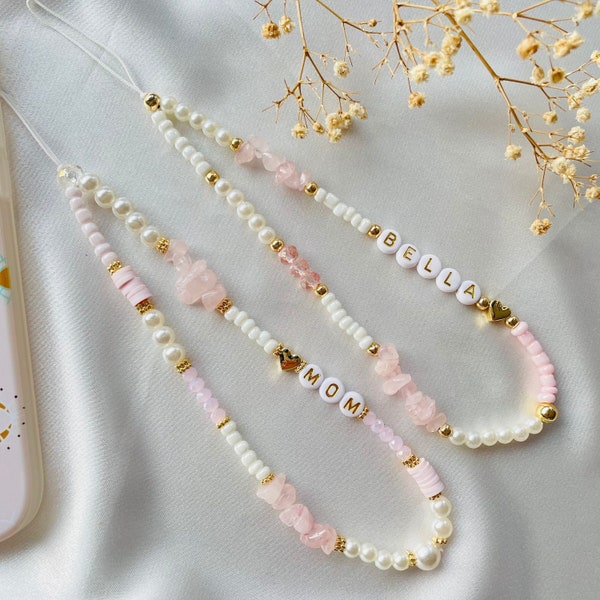 Bracelet de charme de téléphone en quartz rose, cordon de téléphone en pierre précieuse, chaîne de téléphone perlée de perles de perle, accessoire de téléphone Y2K, bijoux de téléphone personnalisables, cadeau de maman