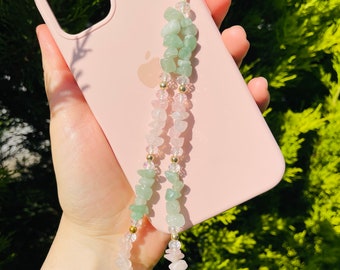 Green Aventurine Gemstone Phone Strap, Pearl Beaded Phone Chain, Crystals Phone Charm, Personalized Phone Strap, Gemstone Phone Accessory