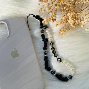 Black Obsidian Gemstone Phone Strap Charm, Healing Crystals Phone Chain, Pearl Evil Eye Phone Charm Cord, Custom Personalized Birthday Gift