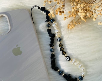 Black Obsidian Gemstone Phone Strap Charm, Healing Crystals Phone Chain, Pearl Evil Eye Phone Charm Cord, Custom Personalized Birthday Gift