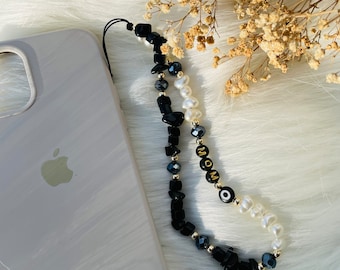 Black Obsidian Gemstone Phone Strap Charm, Healing Crystals Phone Chain, Pearl Evil Eye Phone Charm Cord, Custom Personalized Birthday Gift