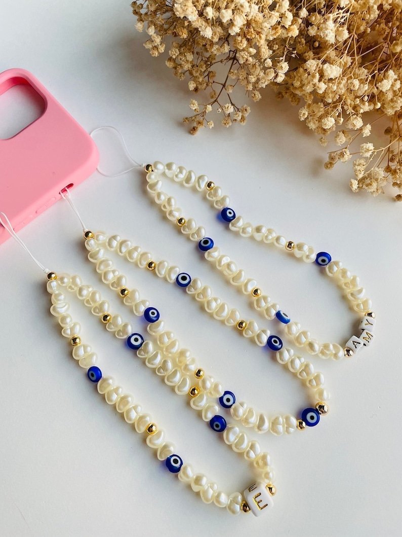 Evil Eye Beaded Phone Charm Strap, Pearl Beaded Phone Chain, Personalized with Letter 90s / Y2K Style Beaded Phone Charm, Phone Case String 