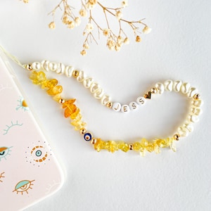 Citrine Beaded Phone Charm Strap: Customizable Gemstone Phone Chain