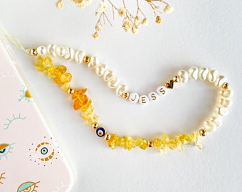 Prosperity Success Healing Crystals, Citrine Gemstone Beaded Phone Charm Strap, Natural Stone Phone Case Chain, Accesorio de teléfono personalizable