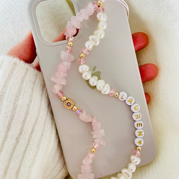 Dragonne pour téléphone avec pierres précieuses en quartz rose, breloque pour téléphone perles de cristal de guérison, chaîne de sangle de téléphone personnalisée perle mauvais œil, cadeau de Noël pour elle