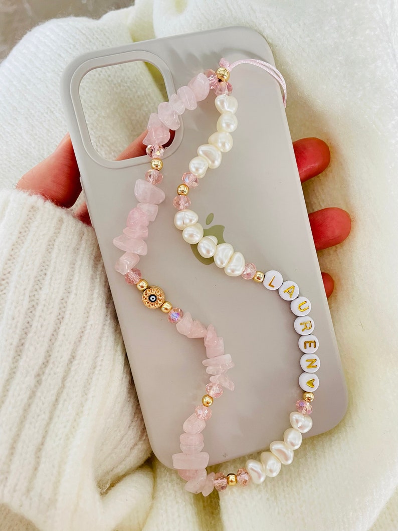 Rose Quartz Gemstone Phone Strap, Healing Crystal Beads Phone Charm, Evil Eye Pearl Personalized Phone Strap Chain, Christmas Gift for Her image 1